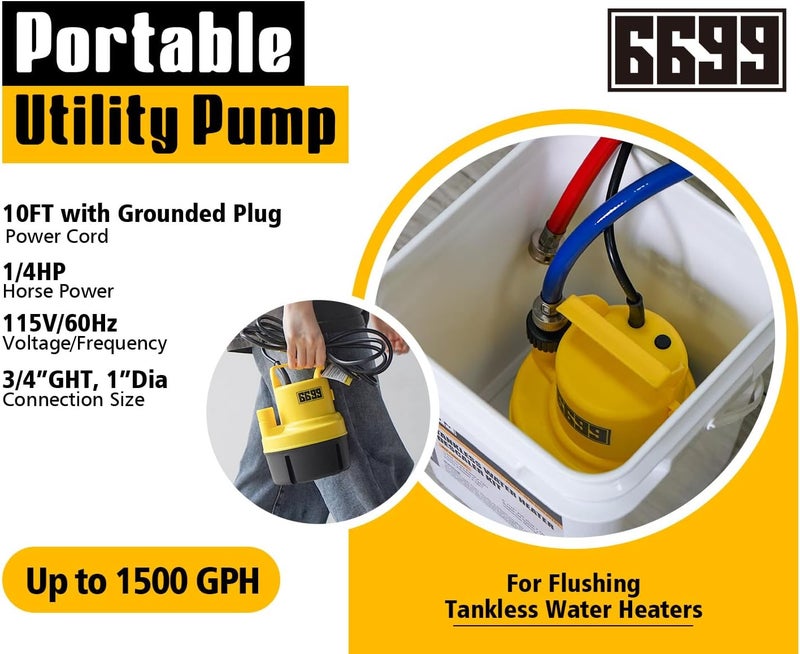 6699 Tankless Water Heater Flushing Kit Includes 1/4HP Submersible Sump Pump with Two Adapters & 3 Gallons Pail with Bucket Lid Opener & Two 1/2” Dia X 6’ PVC Hoses with Washers - Image 3